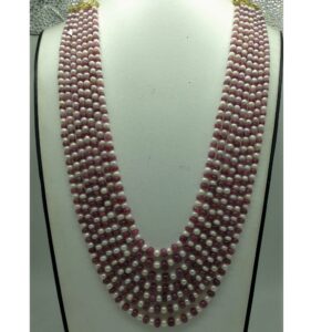 White Flat Pearls with Red Rubies Beeds 7 Layers Mala JPM0510