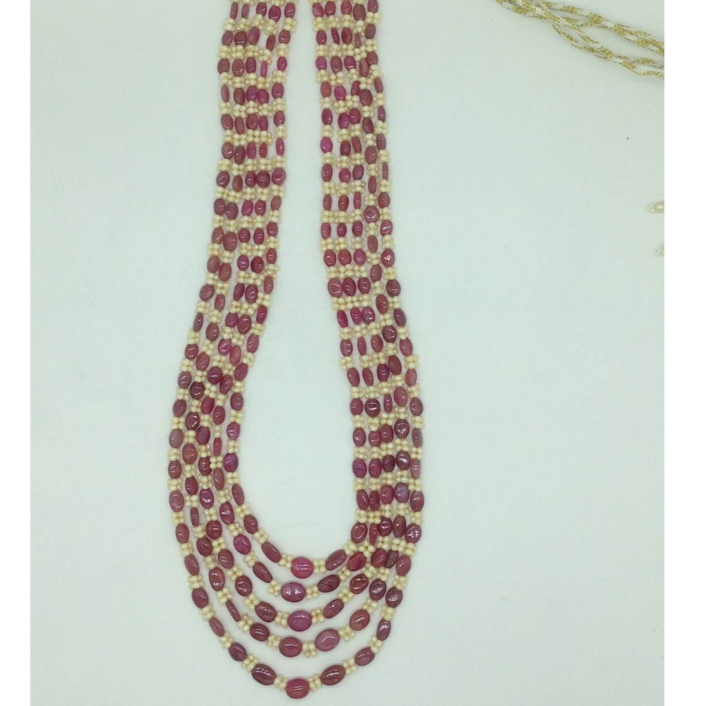 Yellow Seed Pearls with Red Rubies Beeds 5 Layers Mala JPM0509