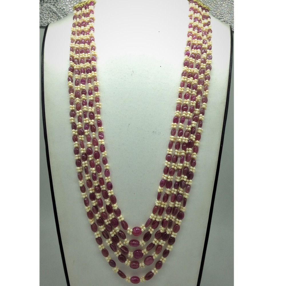 Yellow Seed Pearls with Red Rubies Beeds 5 Layers Mala JPM0509