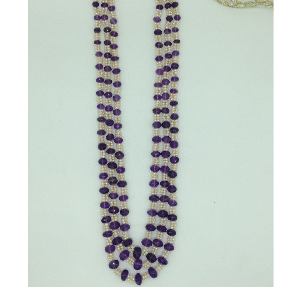 White Seed Pearls with Purple Amethyst Beeds 3 Layers Mala JPM0506