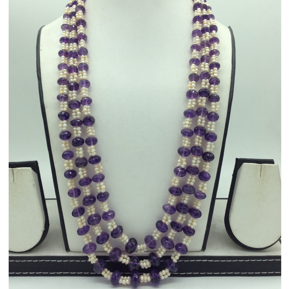 White Seed Pearls with Purple Amethyst Beeds 3 Layers Mala JPM0506