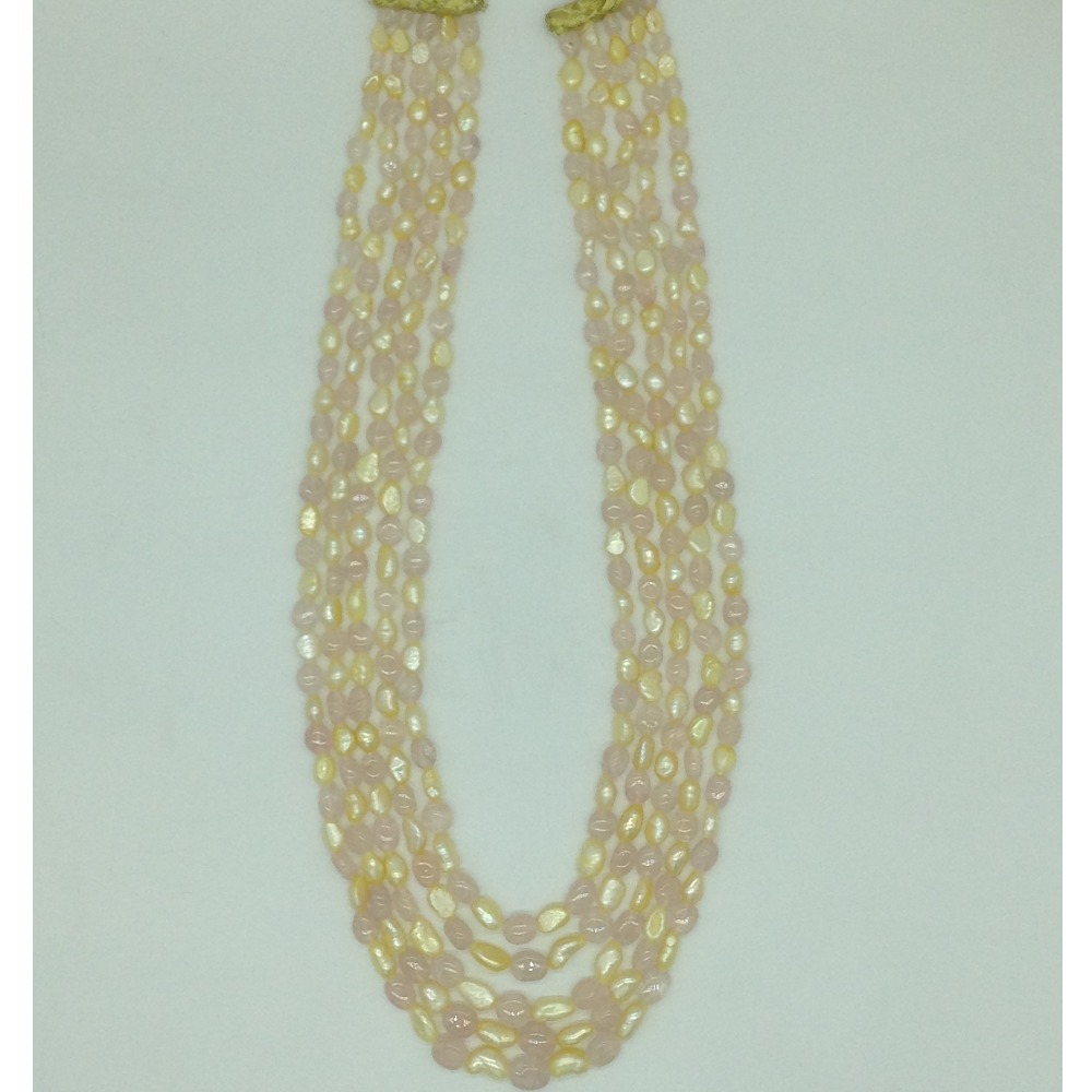 Yellow Kudkal Pearls with Pink Quartz Beeds 5 Layers Mala JPM0504