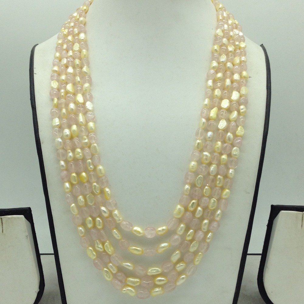 Yellow Kudkal Pearls with Pink Quartz Beeds 5 Layers Mala JPM0504