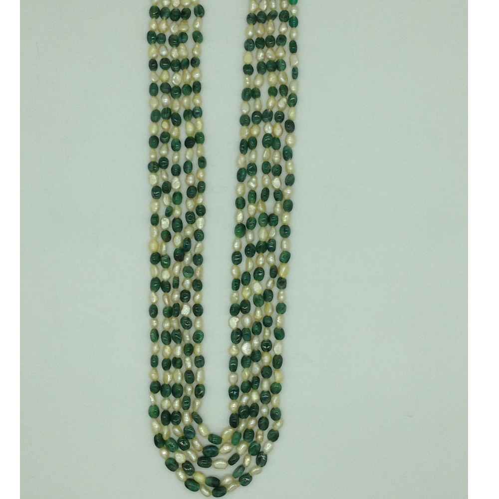 Yellow Kudkal Pearls with Green Bariels Beeds 5 Layers Mala JPM0503