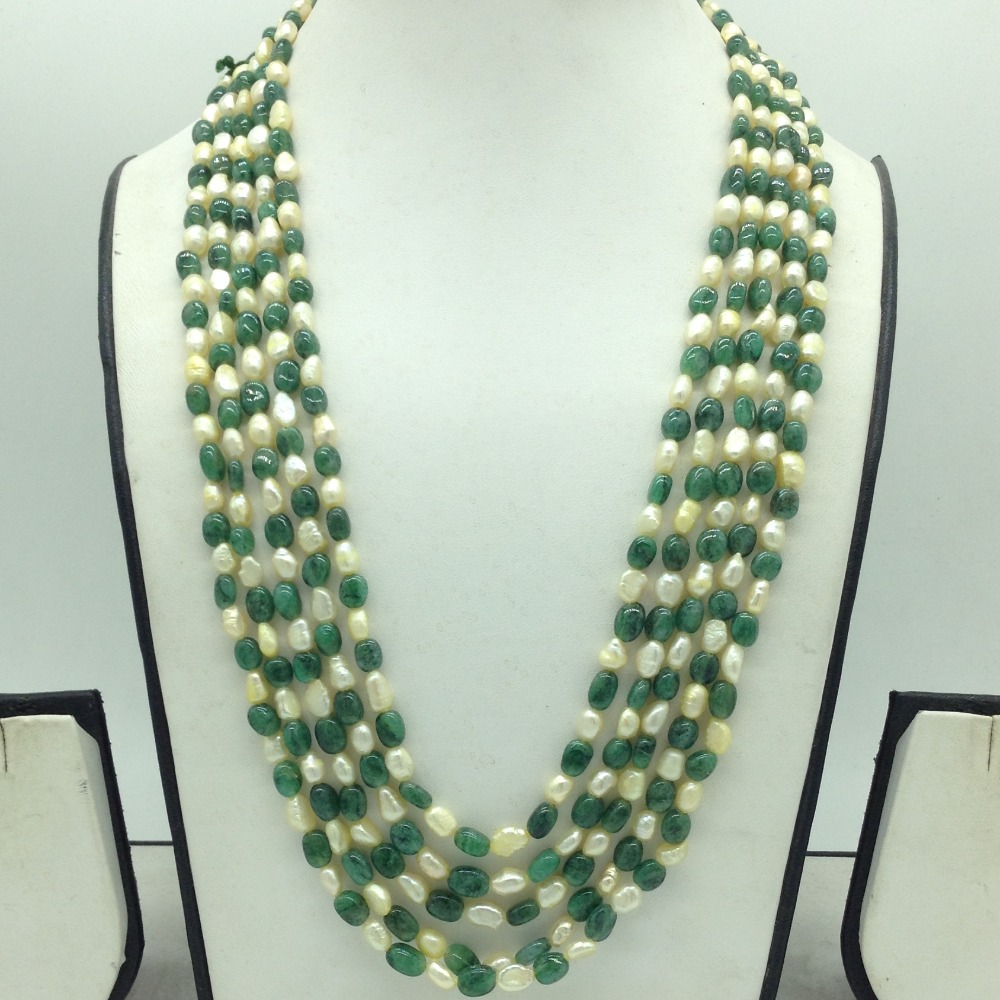 Yellow Kudkal Pearls with Green Bariels Beeds 5 Layers Mala JPM0503