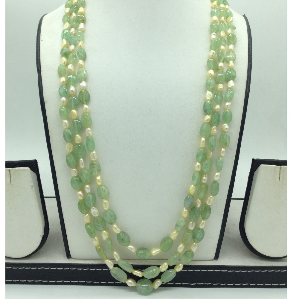 Yellow Kudkal Pearls with Pale Green Bariels 3 Layers Mala JPM0502