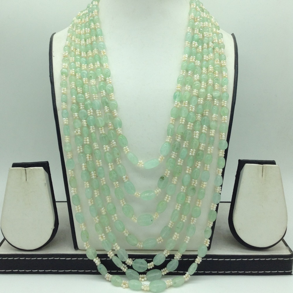 White Seed Pearls with Pale Green Bariels Beeds 7 Layers Mala JPM0501