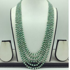 White Flat Pearls with Green Bariels Beeds 5 Layers Mala JPM0500