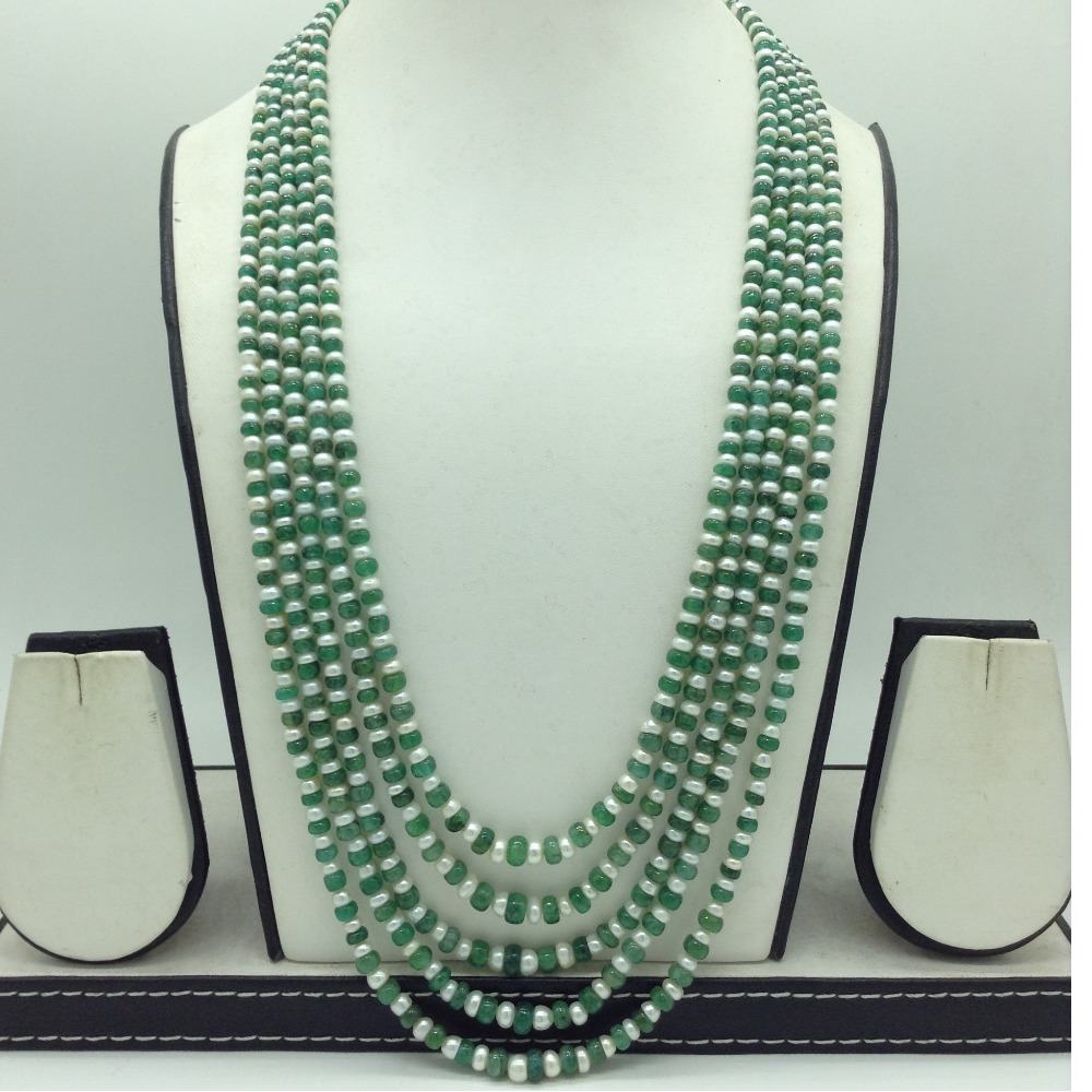 White Flat Pearls with Green Bariels Beeds 5 Layers Mala JPM0500