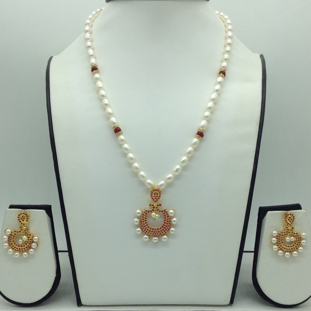 Red Cz Pendent Set With 1 Line White Pearls Mala JPS0806