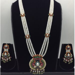 Navratan Ranihaar Set With 3 Line White Pearls Mala JPS0805