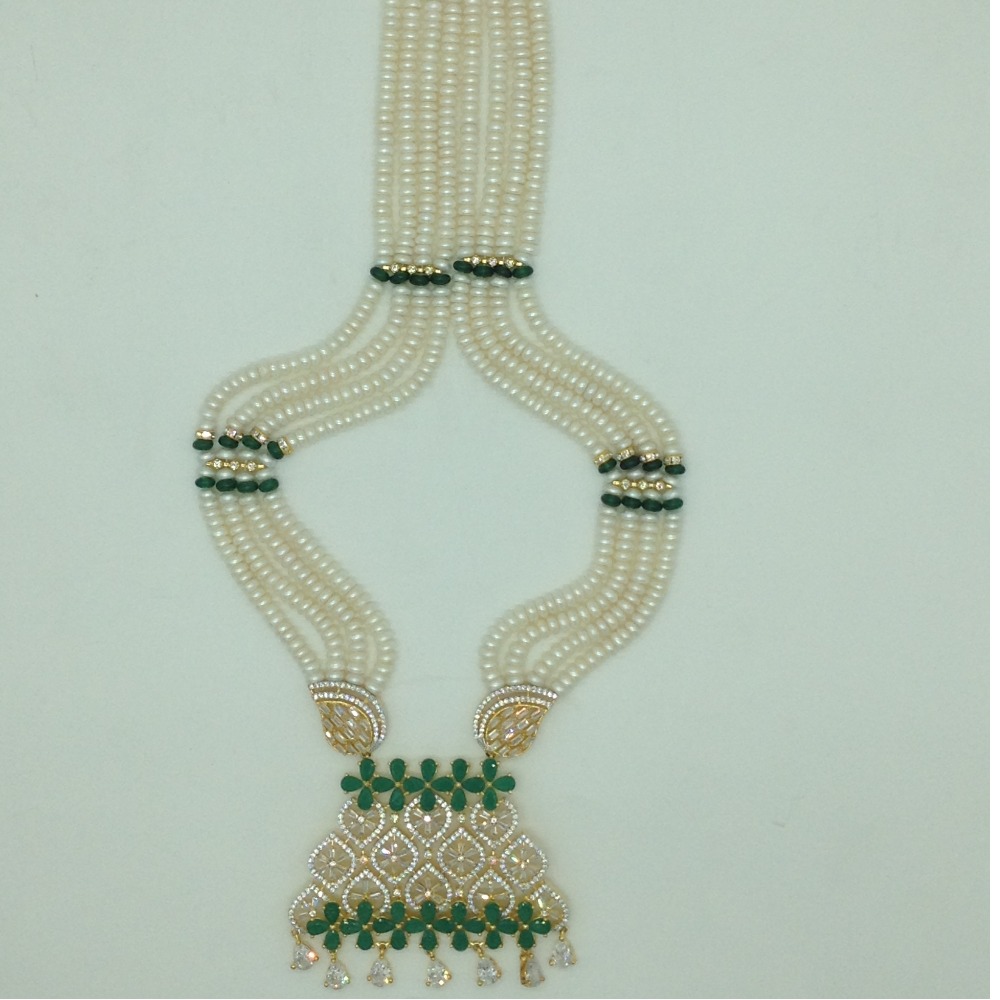 White,Green CZ Ranihaar Set With 4 Line White Pearls Mala JPS0804