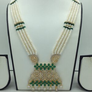 White,Green CZ Ranihaar Set With 4 Line White Pearls Mala JPS0804