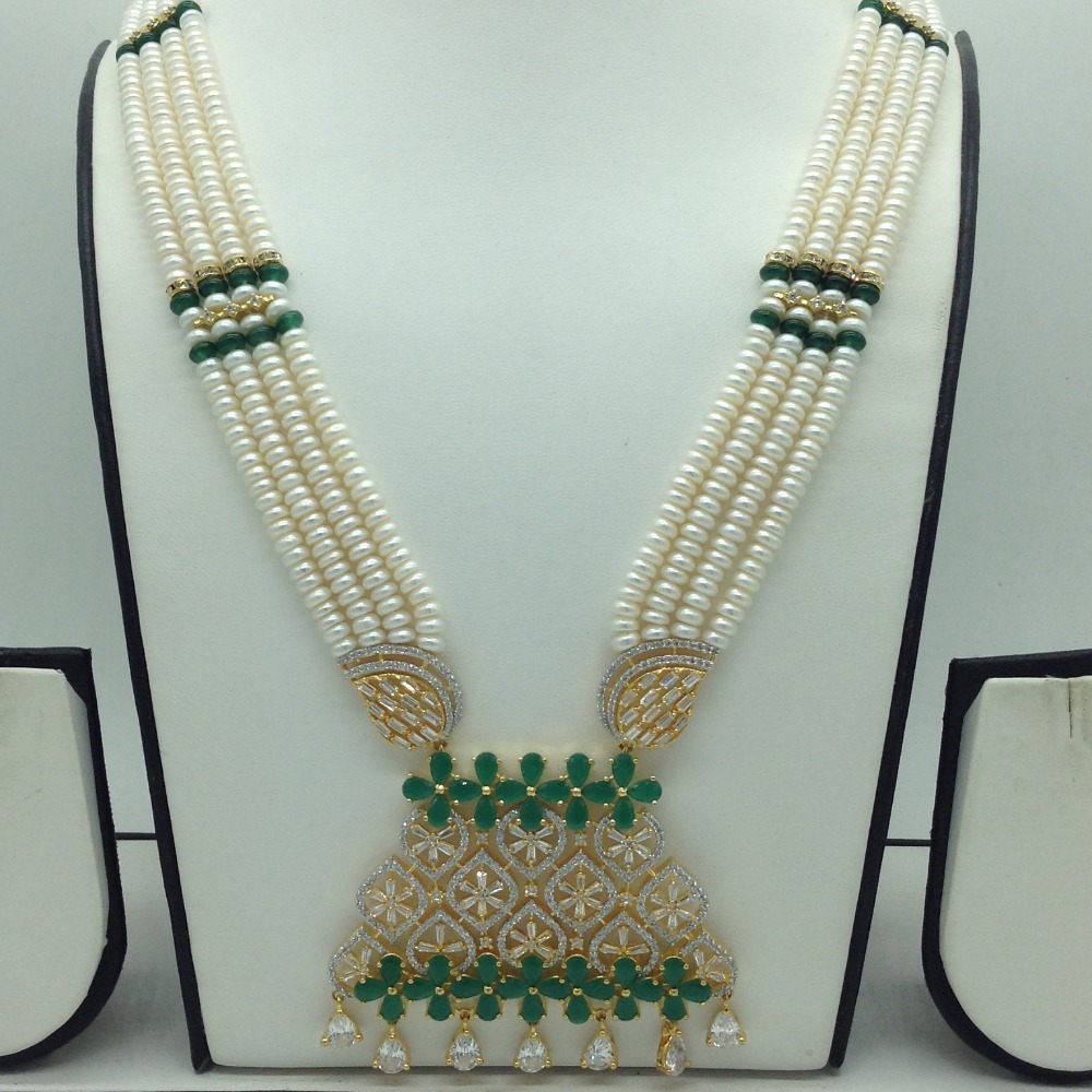 White,Green CZ Ranihaar Set With 4 Line White Pearls Mala JPS0804