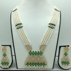 White,Green CZ Ranihaar Set With 4 Line White Pearls Mala JPS0804