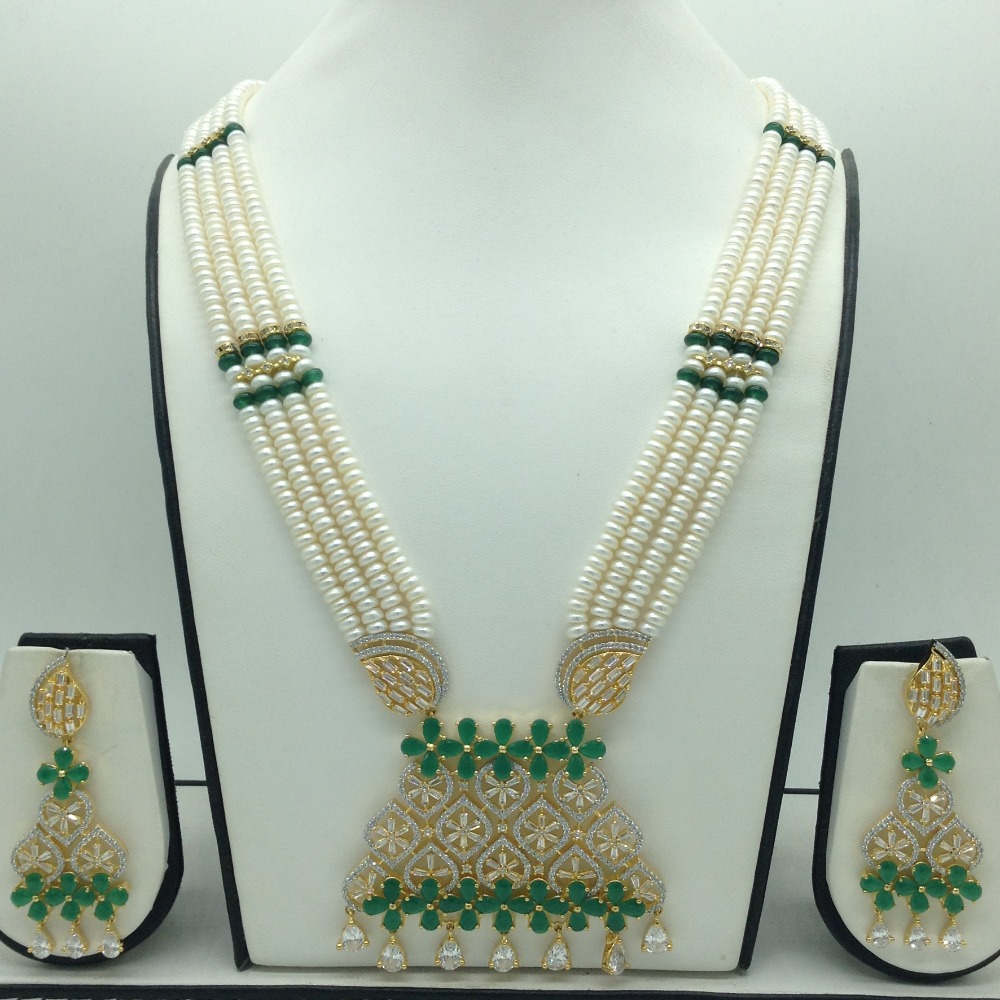 White,Green CZ Ranihaar Set With 4 Line White Pearls Mala JPS0804