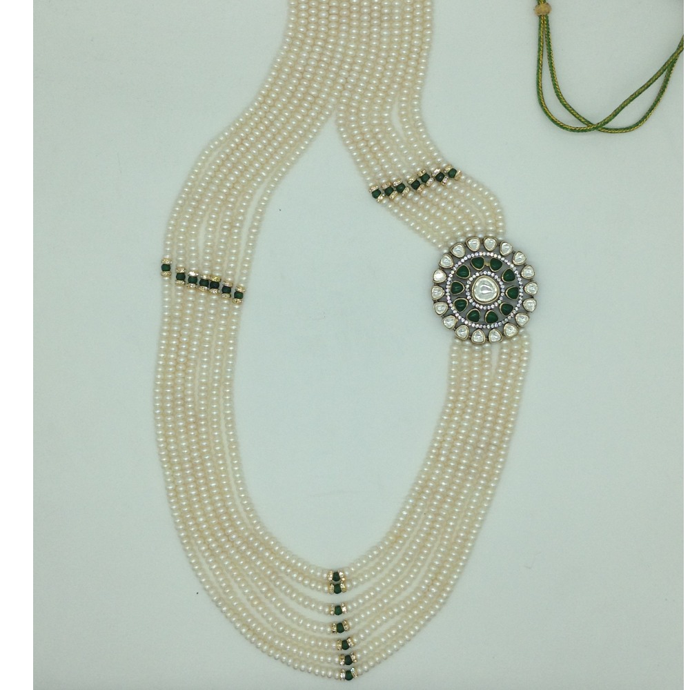 White,Green Kundan Broach Set With 7 Line Pearls Mala JPS0801 - Image 4