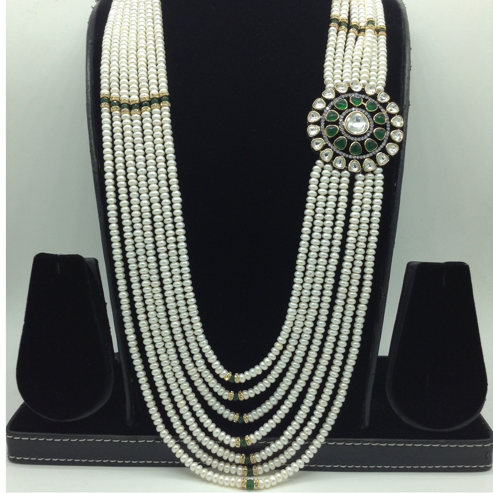 White,Green Kundan Broach Set With 7 Line Pearls Mala JPS0801 - Image 2