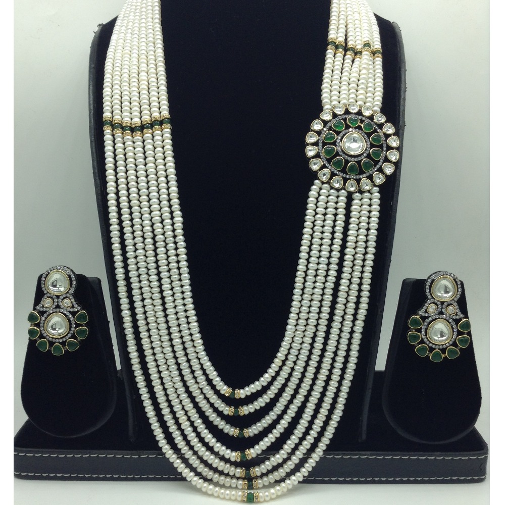 White,Green Kundan Broach Set With 7 Line Pearls Mala JPS0801