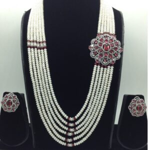 White,Pink CZ Broach Set With 6 Line Pearls Mala JPS0800