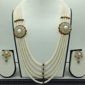 Tricolour CZ Broach Set With 5 Line Pearls Mala JPS0799