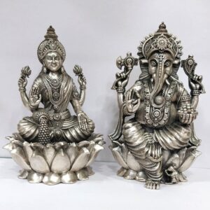 Blissful Pure silver lakshmi ganesh idols On Lotus in high finishing