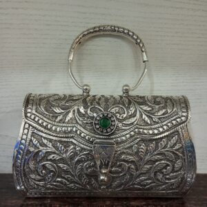 Stylish Pure Silver Purse In floral Carvings With Handle