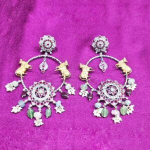 Unique Fusion Pure Silver Temple Earrings With Gems