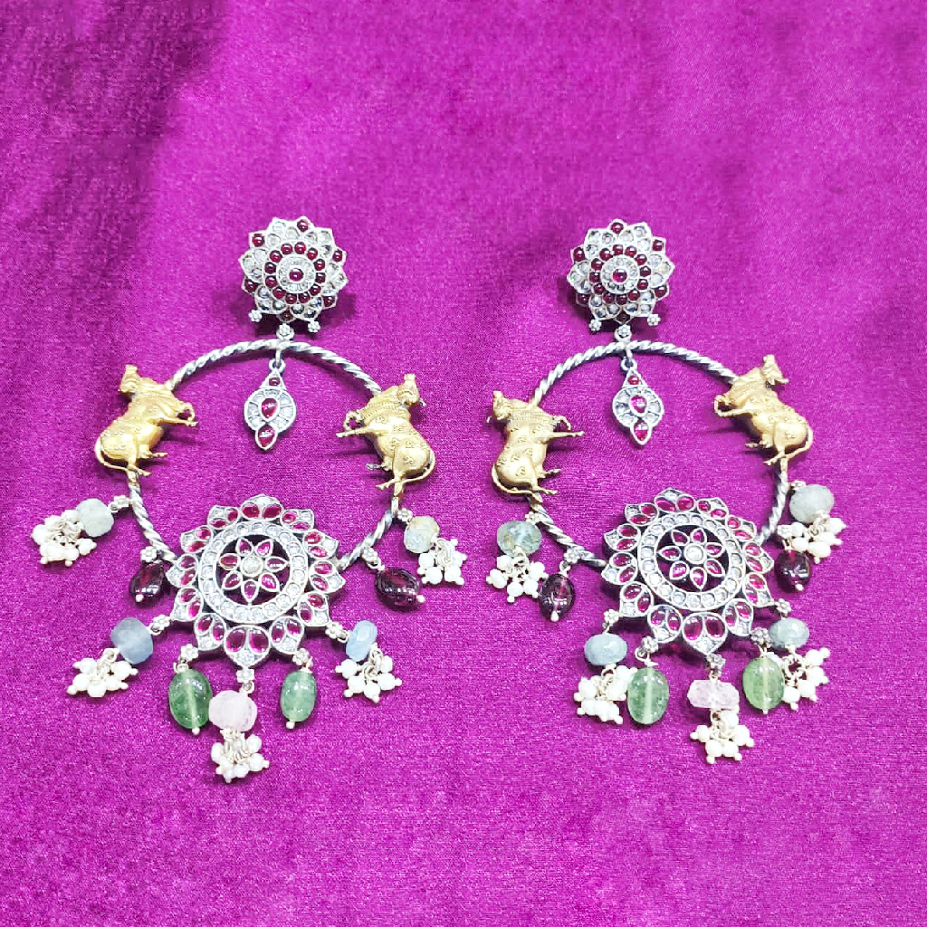 Unique Fusion Pure Silver Temple Earrings With Gems