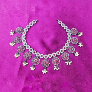 Designer Pure Silver Temple Necklace In Stone Work