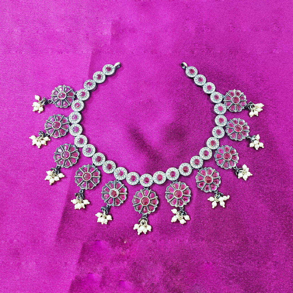 Designer Pure Silver Temple Necklace In Stone Work