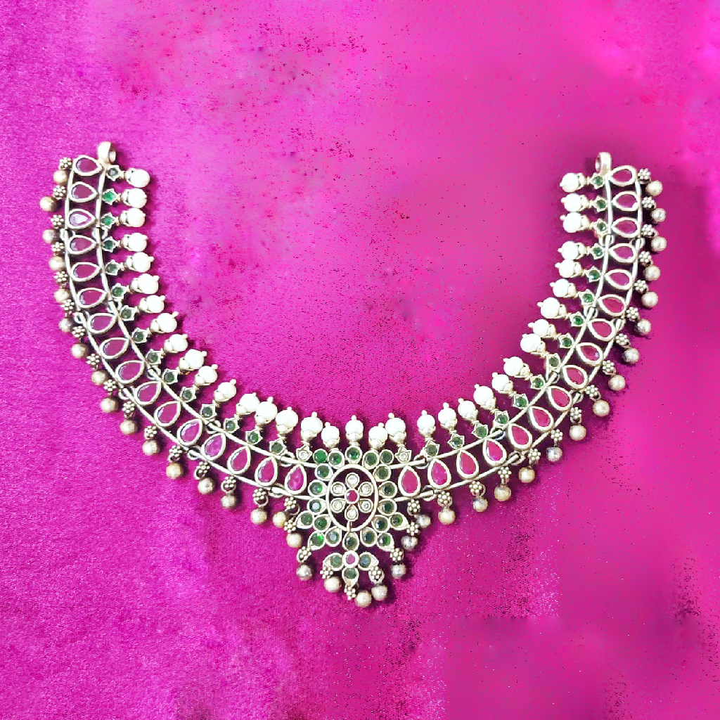 Pure Silver Designer Temple Necklace with Real Pearls