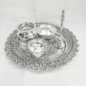 92.5% Pure Silver Pooja Thali Set In Antique Work