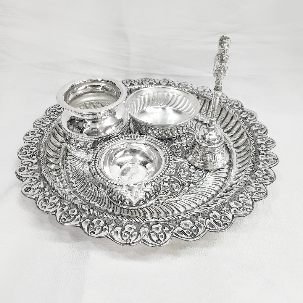 92.5% Pure Silver Pooja Thali Set In Antique Work