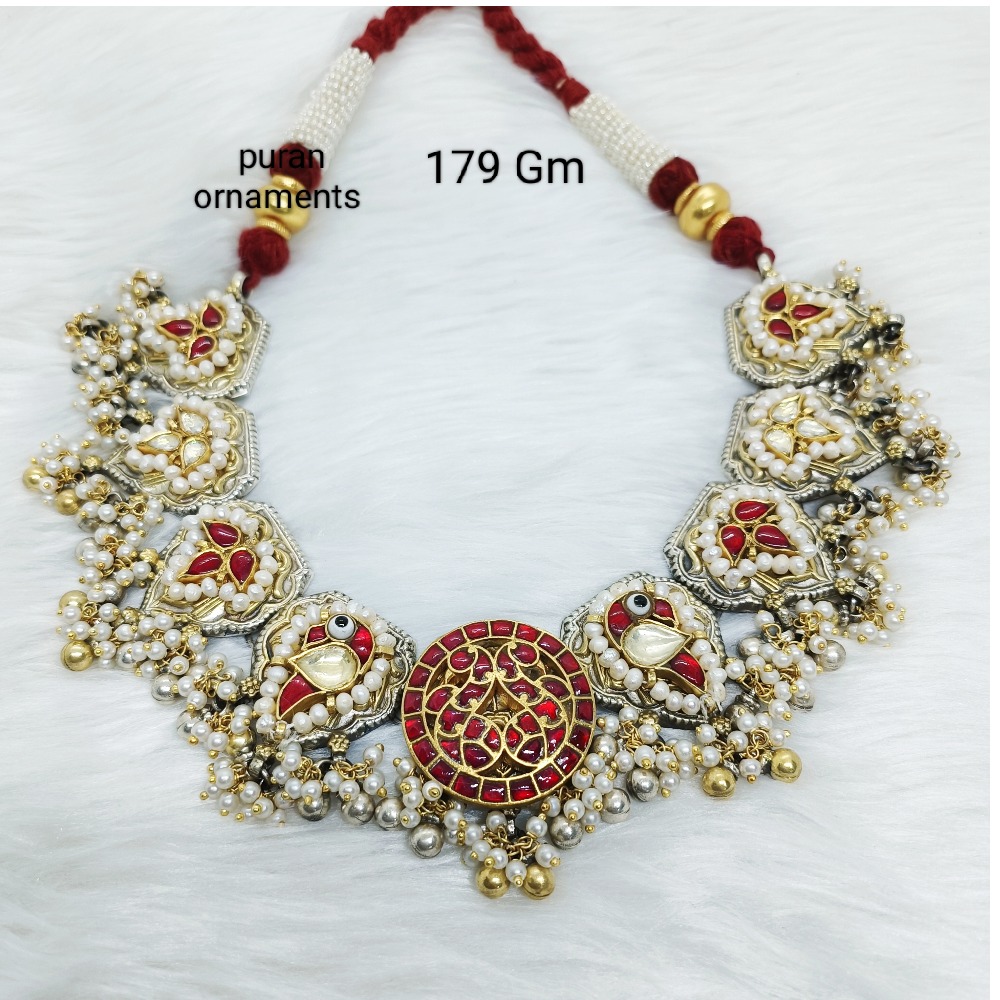 Unique Pure Silver Kundan Nakhra Necklace With Real Pearls
