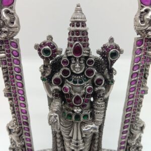 Mesmerizing lord tirupati balaji idol in pure silver with kemp stones