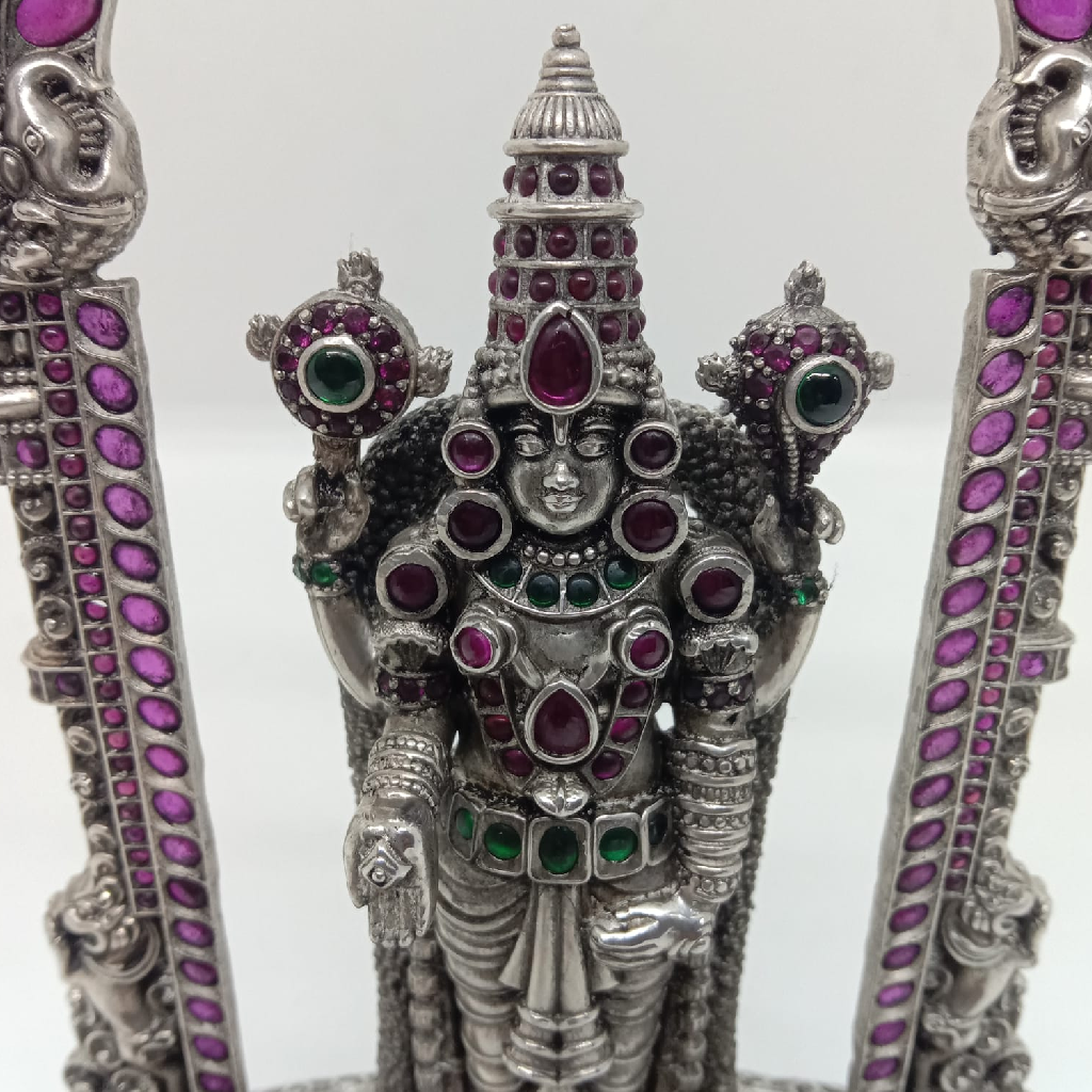 Mesmerizing lord tirupati balaji idol in pure silver with kemp stones