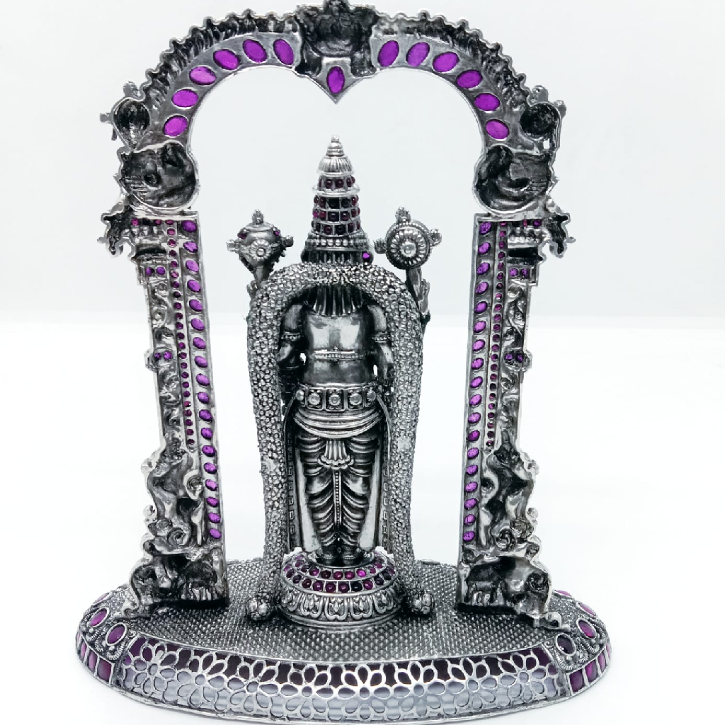 Mesmerizing lord tirupati balaji idol in pure silver with kemp stones