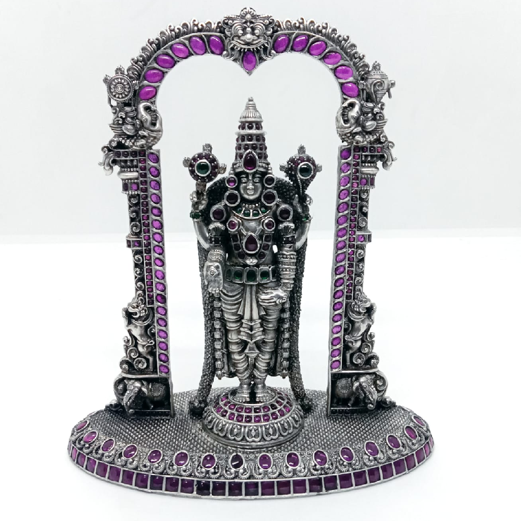 Mesmerizing lord tirupati balaji idol in pure silver with kemp stones
