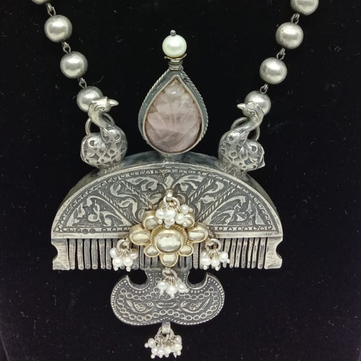 Pure silver vintage comb kundan necklace with motifs & matar mala