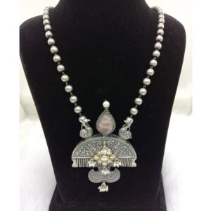 Pure silver vintage comb kundan necklace with motifs & matar mala