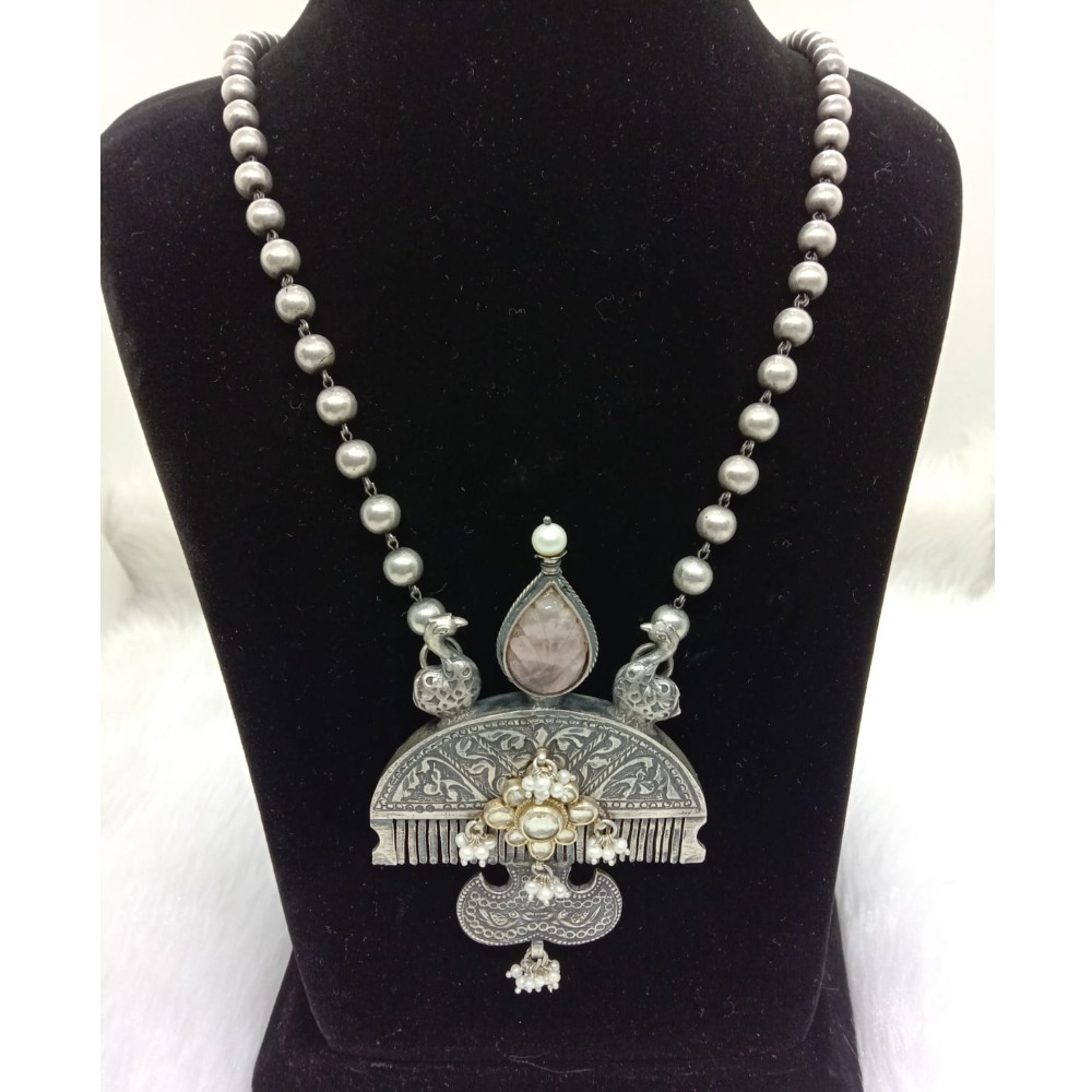 Pure silver vintage comb kundan necklace with motifs & matar mala