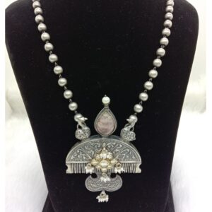 Pure silver vintage comb kundan necklace with motifs & matar mala