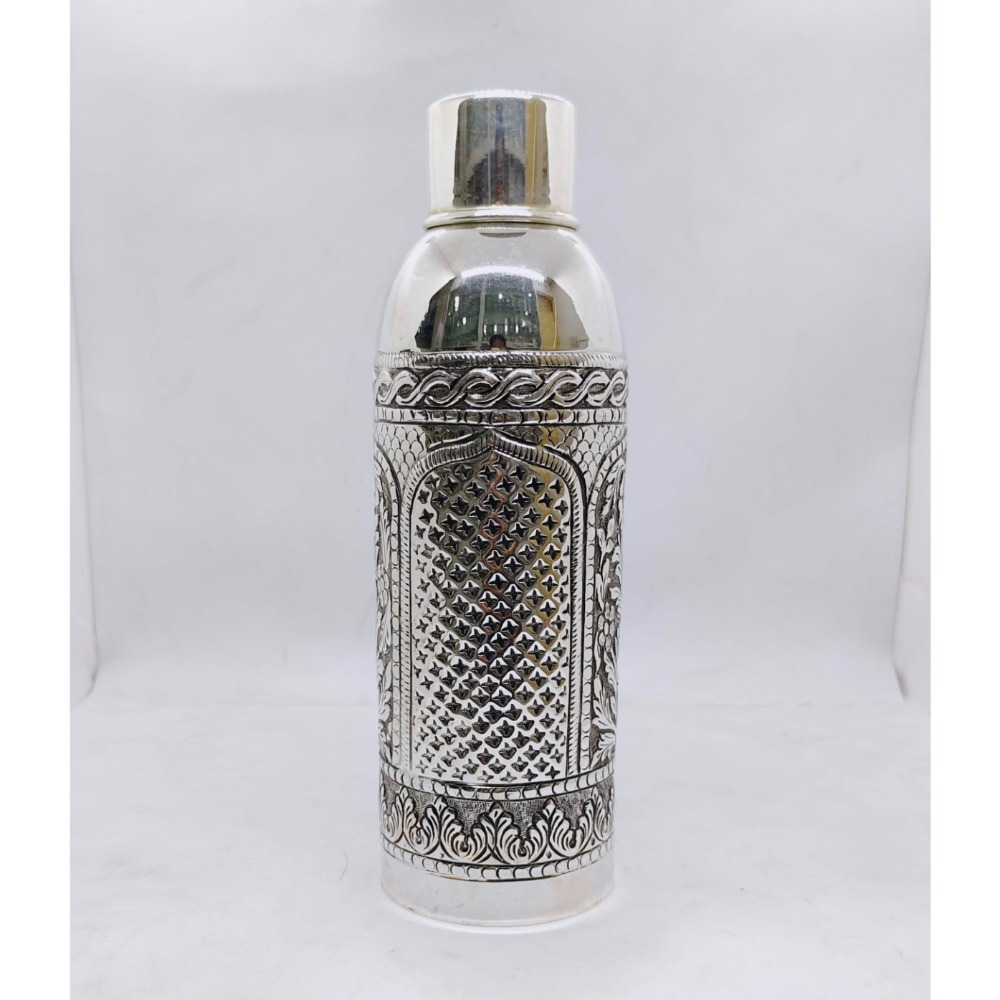 Hallmarked silver bottle in fine antique temple design carving