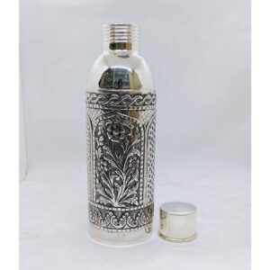 Hallmarked silver bottle in fine antique temple design carving