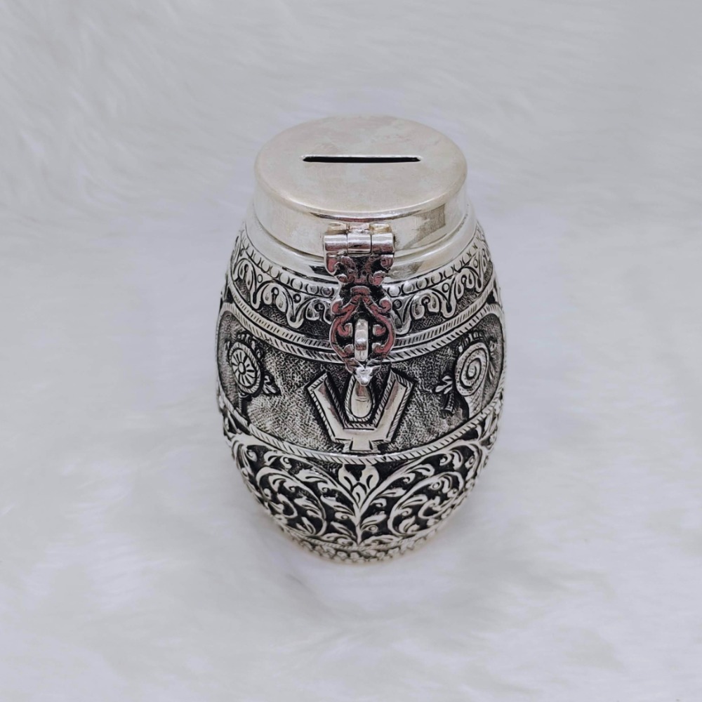 Hallmarked silver piggy bank for kids in antique fine work