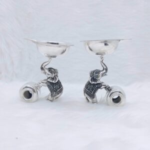 Real silver deepak with elephant base in antique finish