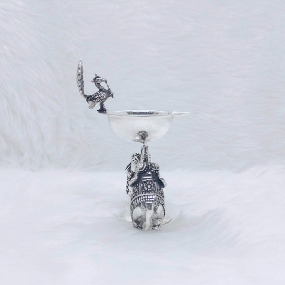 Real silver deepak with elephant base in antique finish
