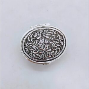 Real silver box for gifting in round shape antique floral carving