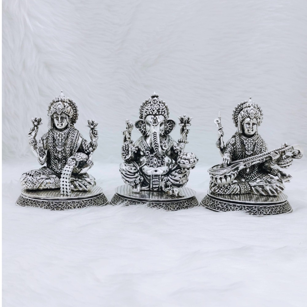 Hallmarked silver laxmi ganesh saraswati idol in high antique finish